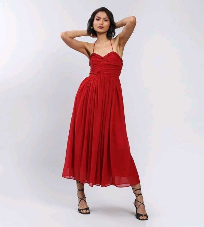 RITU KUMAR Red Halter Neck Tie Maxi Dress