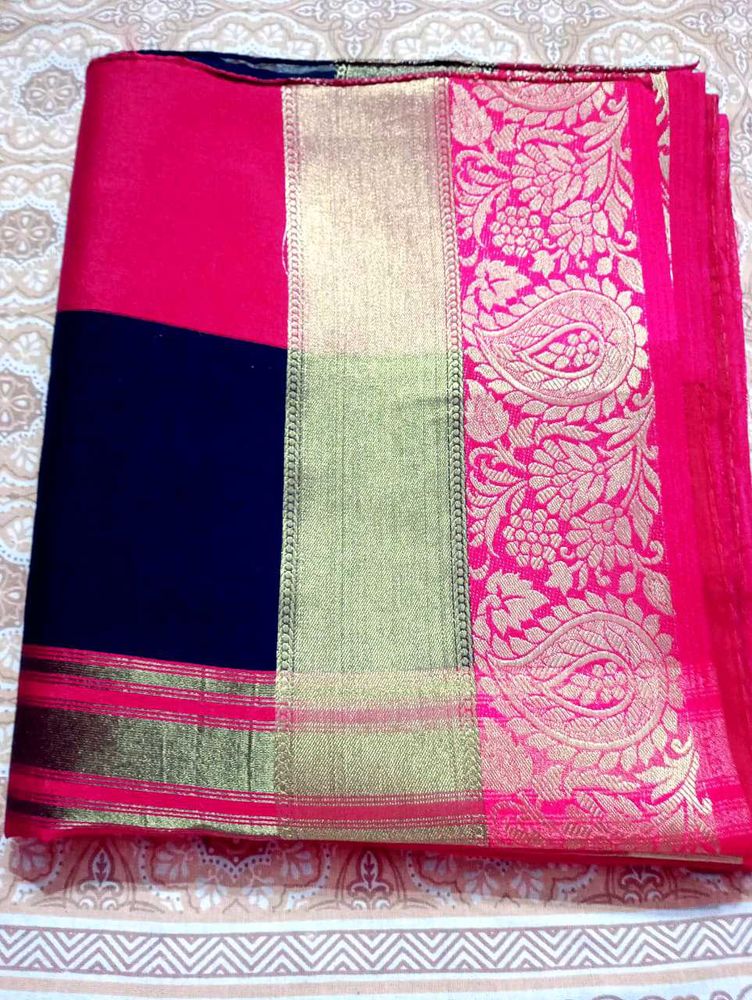 Embroidered Navy Saree with Pink Border