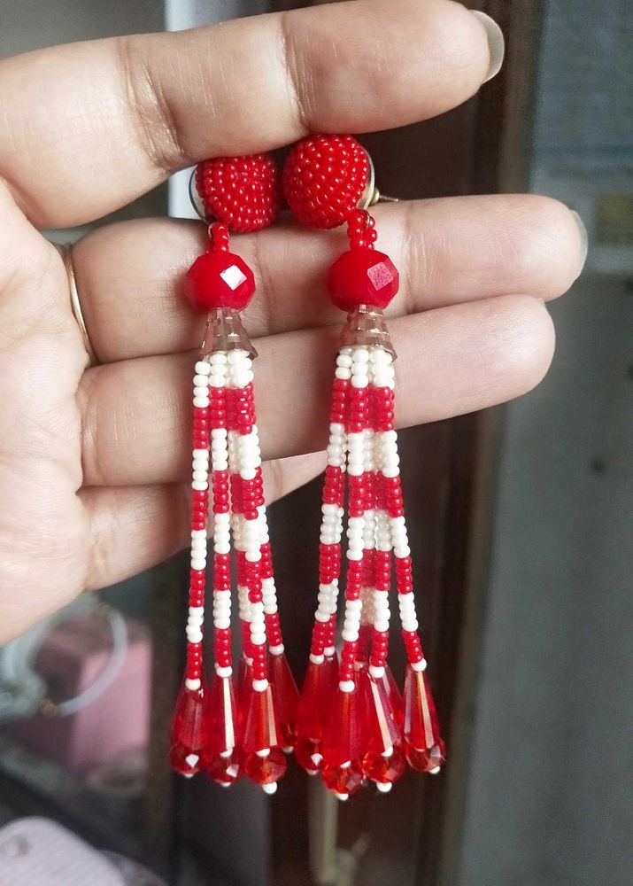 Red Beaded Tassel Earrings
