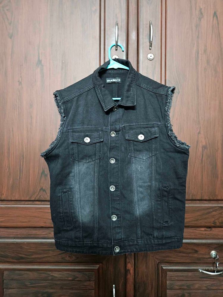 Black Denim Sleeveless Jacket