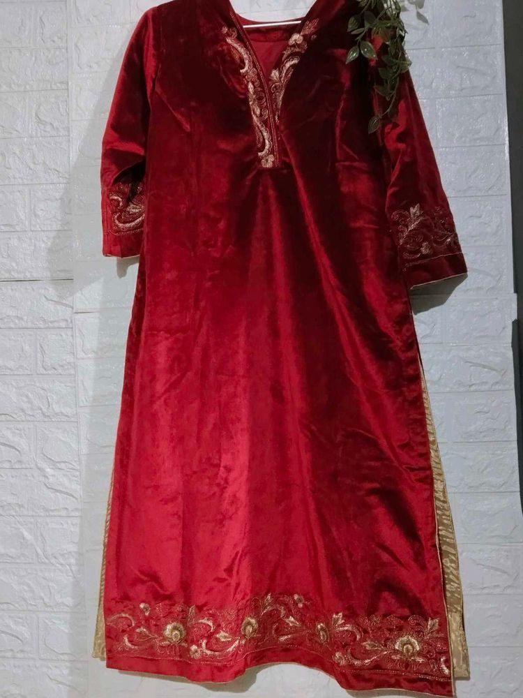 Red Velvet Embroidered Kurti