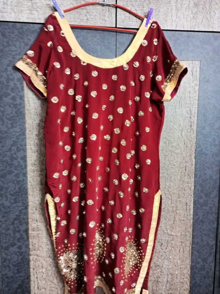 Stitched Designer Maroon &amp; Gold Sequins Suit Set