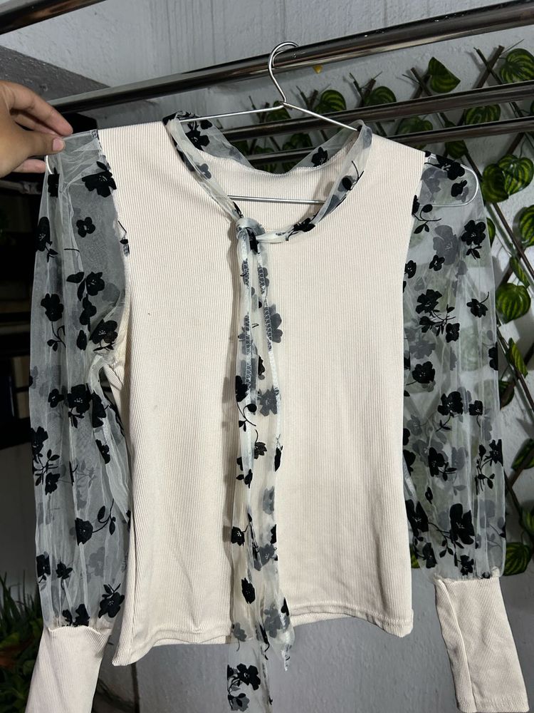 Floral Mesh Sleeve Tie Neck Top