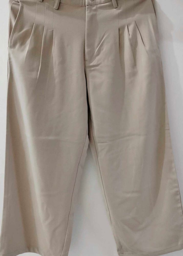 Beige Cropped Wide Leg Pants