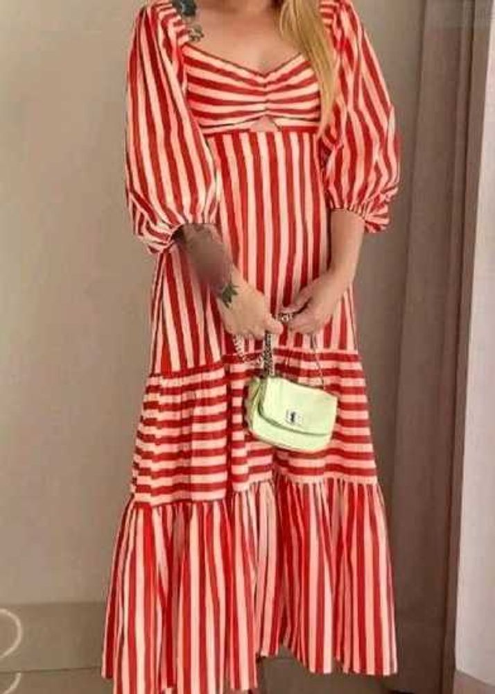 Red &amp; White Striped Puff Sleeve Maxi Dress