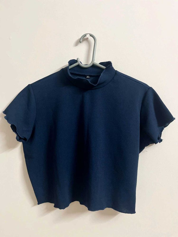 Navy Blue Ruffle Trim Mock Neck Top
