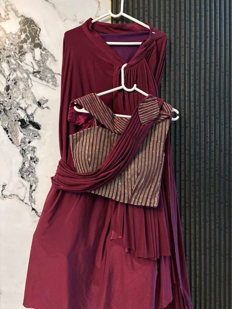wine coloured Ready To Wear Lehenga Saree