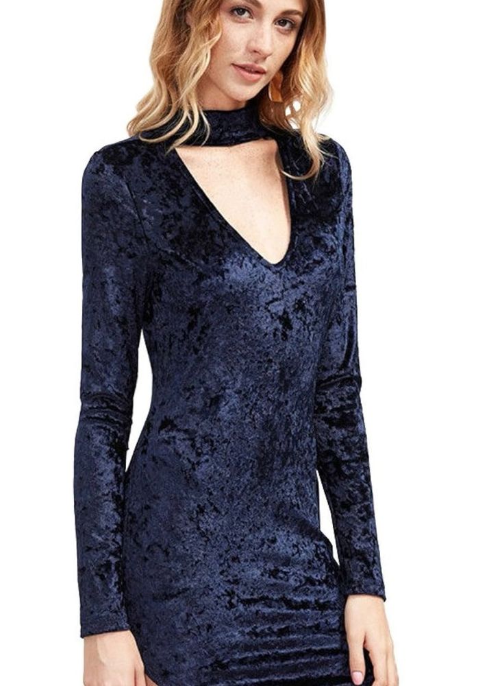 Blue Velvet Mock Neck Dress