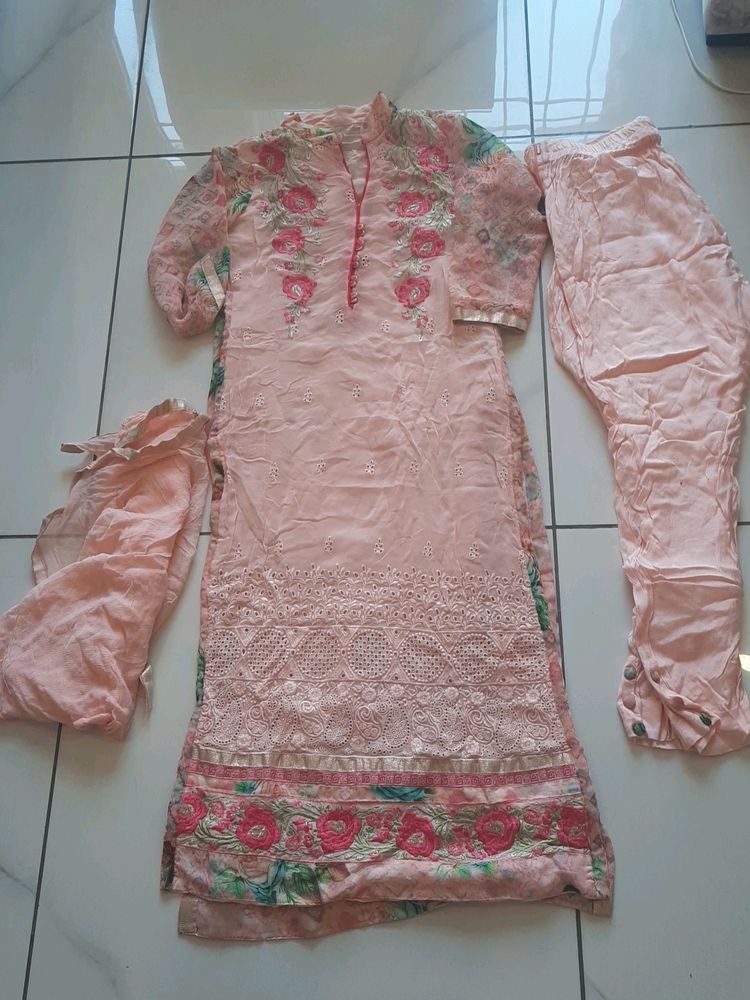 Peach Gorgette Suit With Dupatta And Pant Plazo