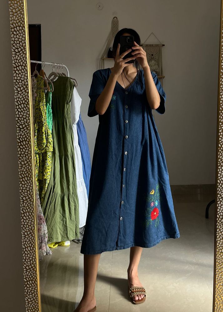 Vintage DENIM Embroidered Midi Dress