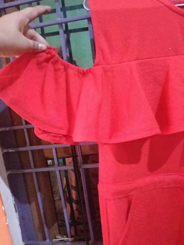 Red Ruffle Cold Shoulder Romper