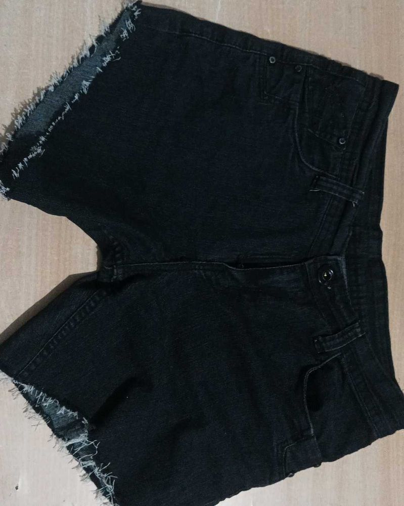 Black Denim Frayed Shorts