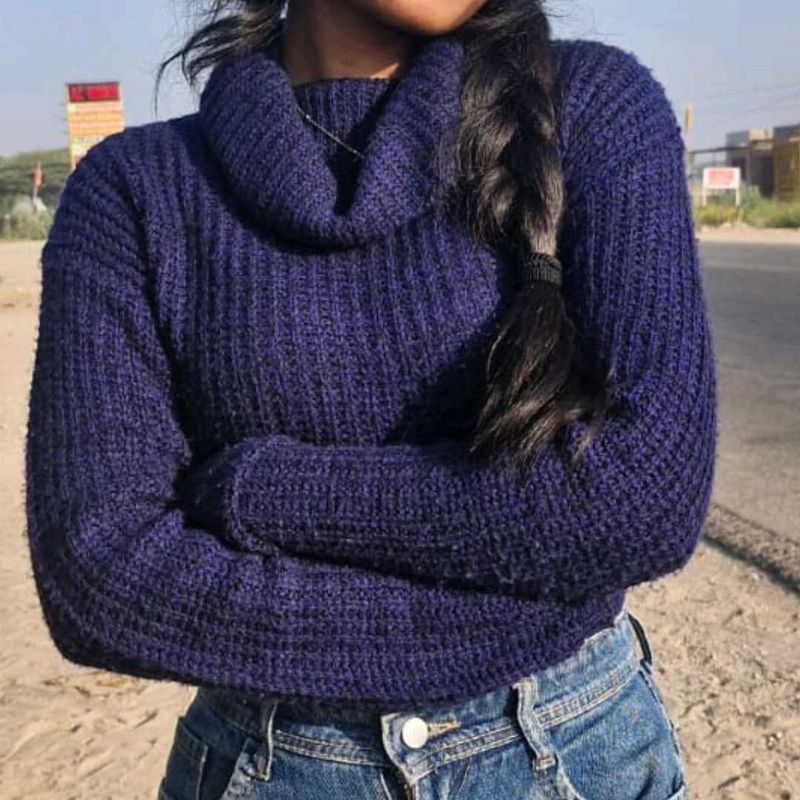 Blue Knit Turtleneck Sweater