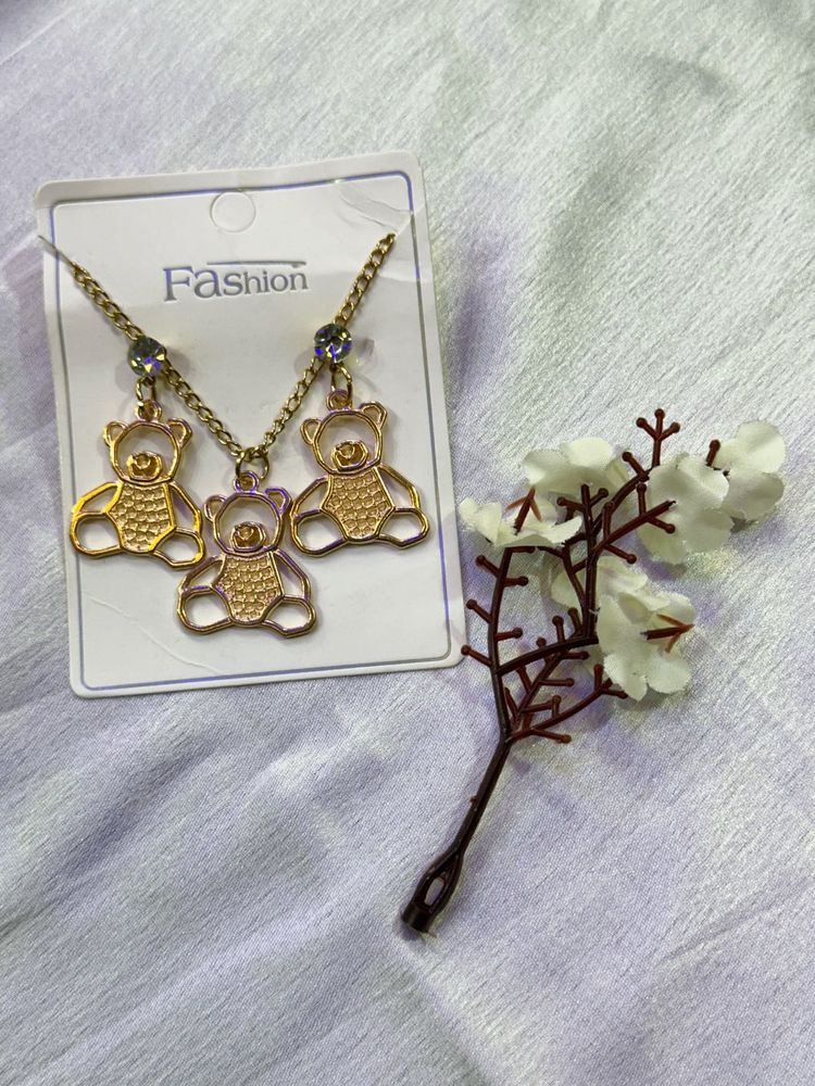 Cute Teddy Bear Necklace and Earring
