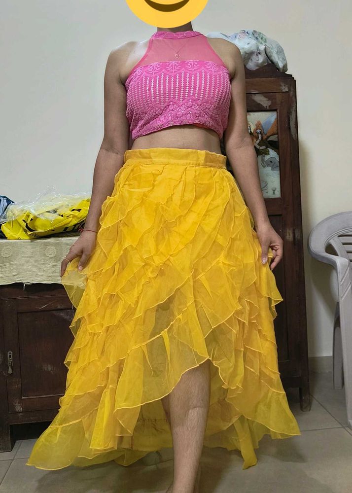 Designer Yellow Skirt With Pink Halter Neck Top