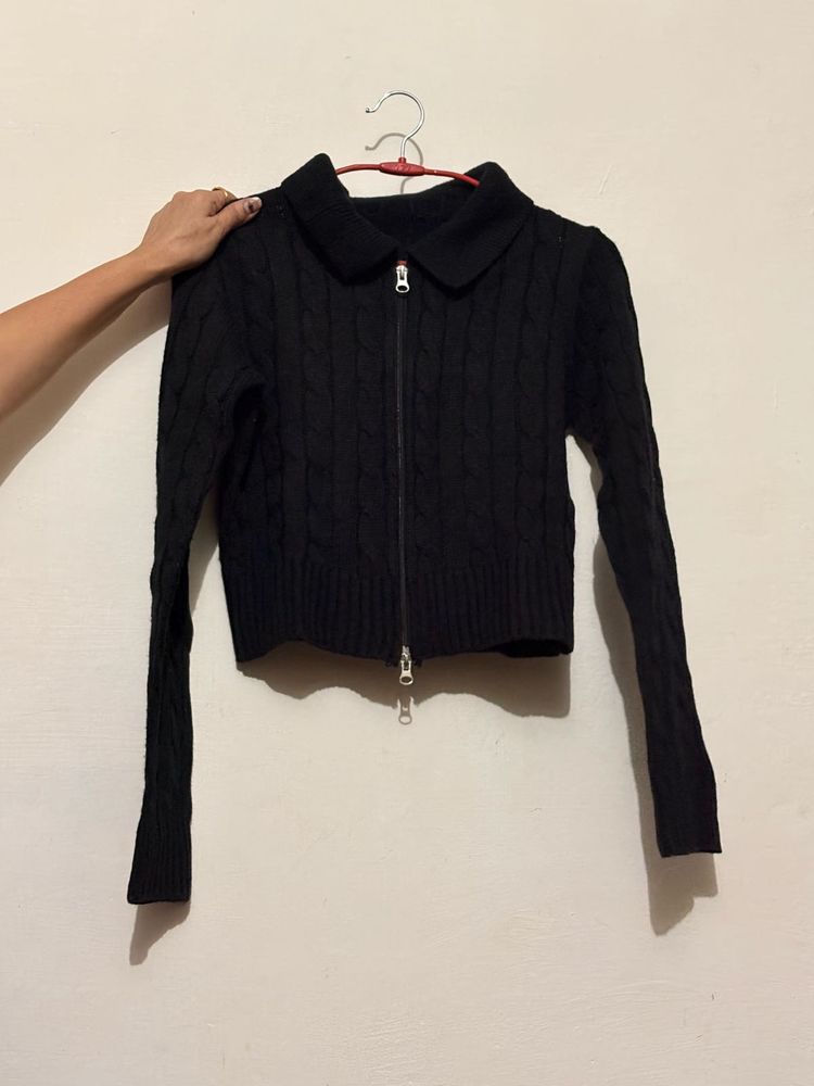 Black double Zip-Up knit Jacket