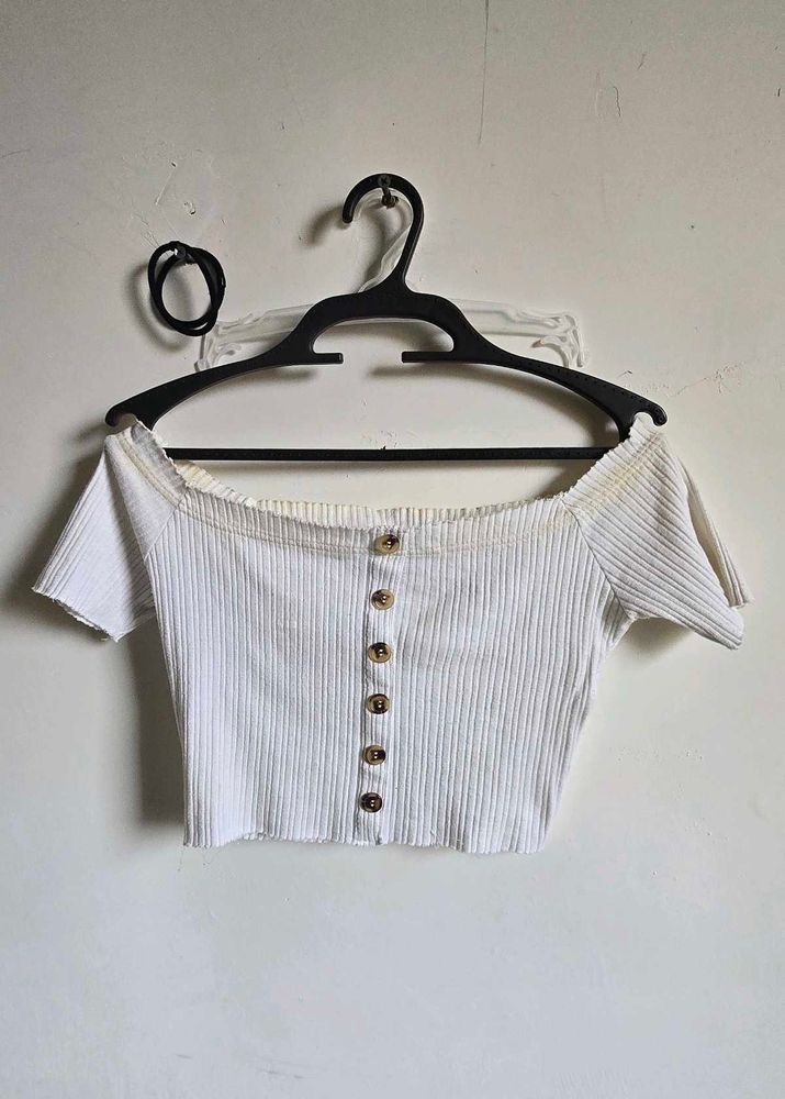 Off-Shoulder Button Crop Top