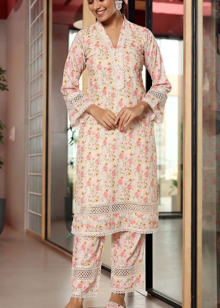 Libas Beige Floral Lace Details Kurta With Palazzo