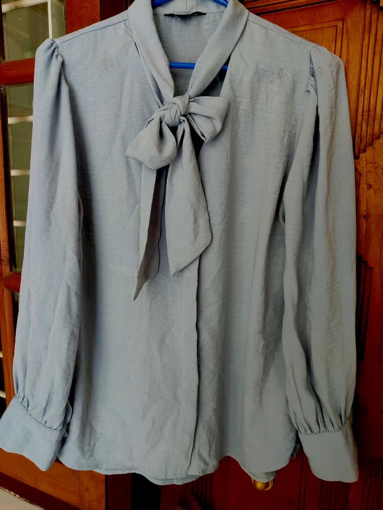 Elegant Light Blue Office Wear Shirt Bow Tie Nec