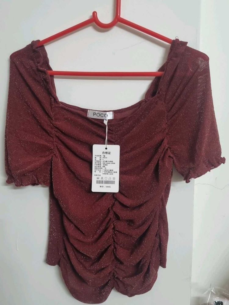 Burgundy Ruched Sparkle Top