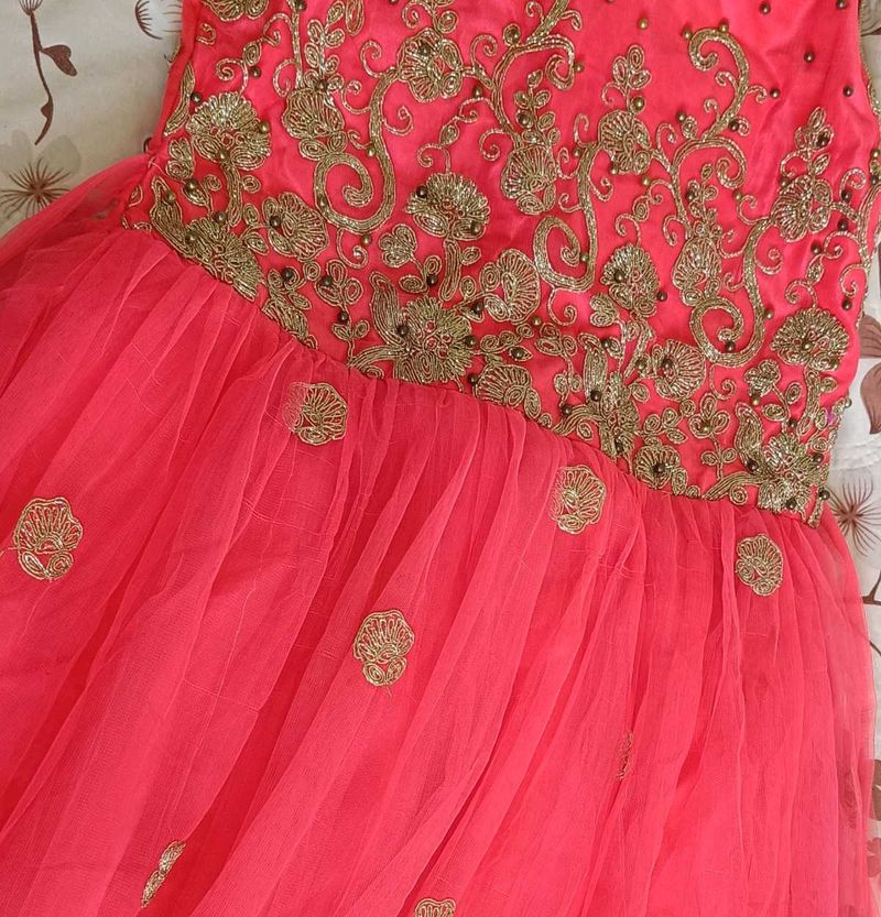 Embroidered Coral Long Gown