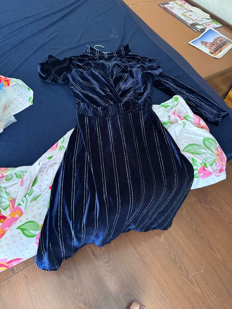 Blue Striped Velvet Dress