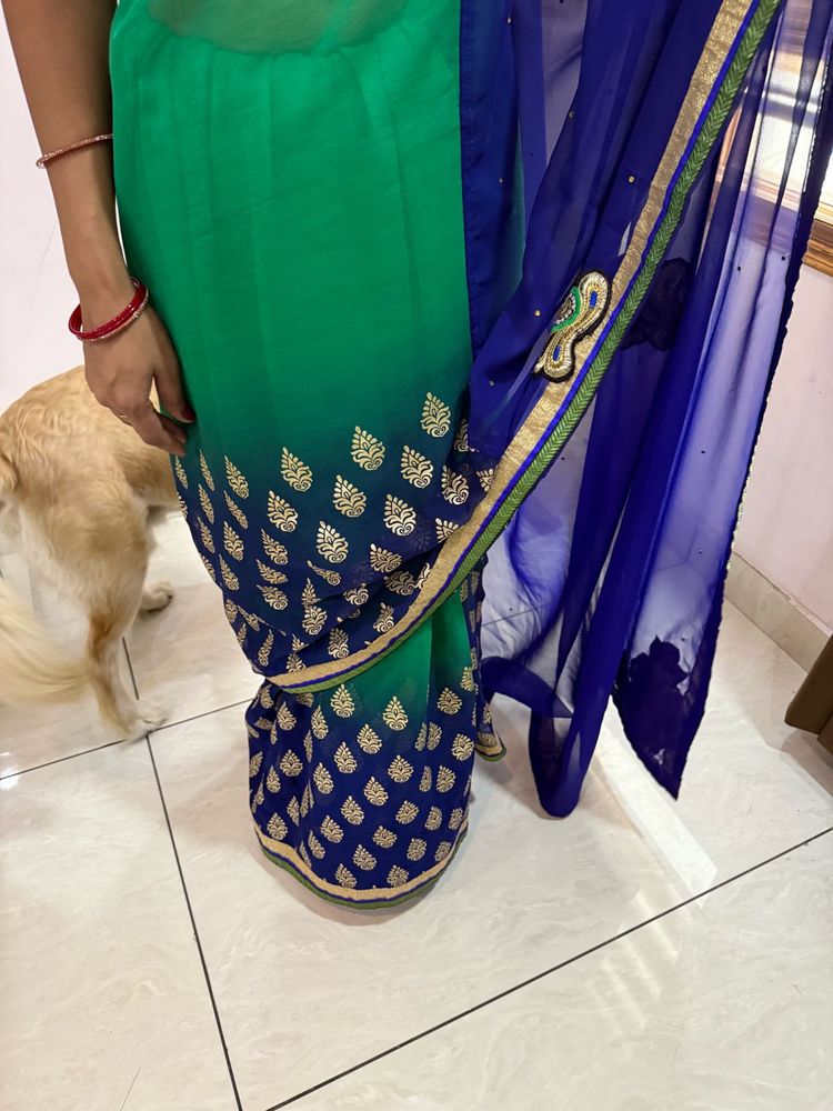 Elegant Green &amp; Blue Embroidered Saree