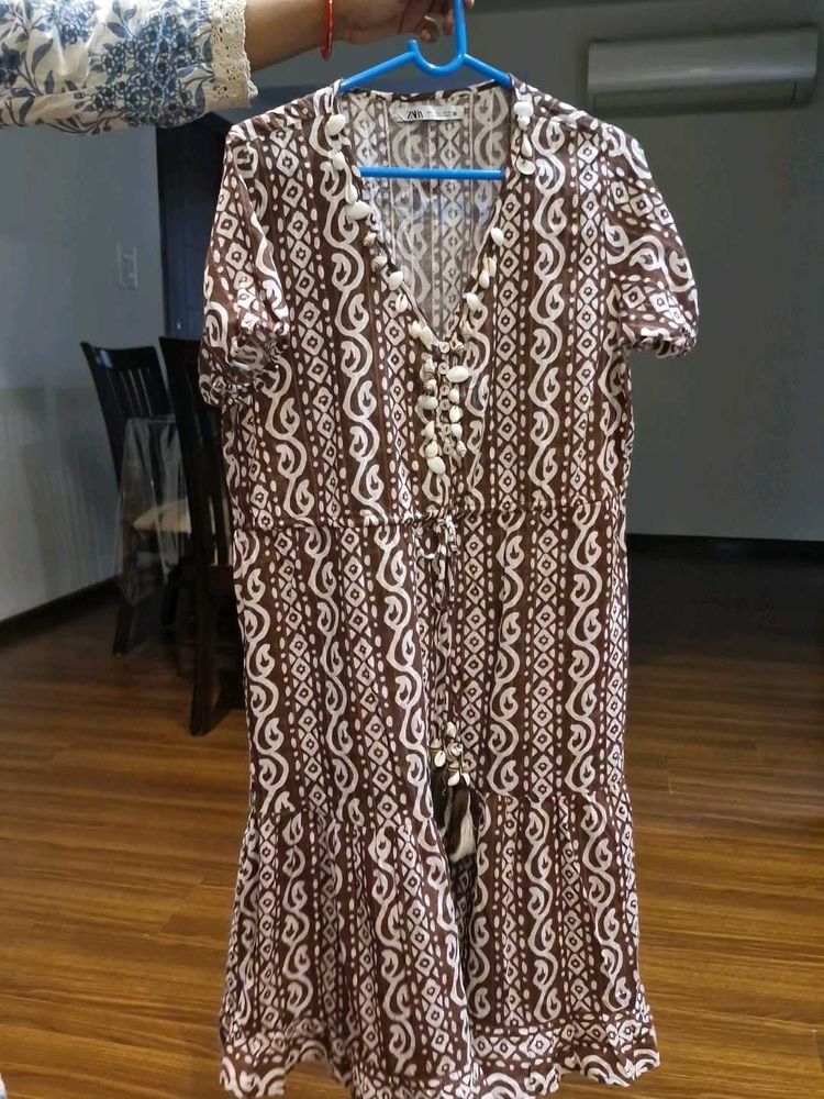 Zara Brown Print Midi Dress