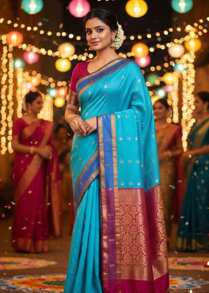 Elegant Blue Silk Saree with Pink Border