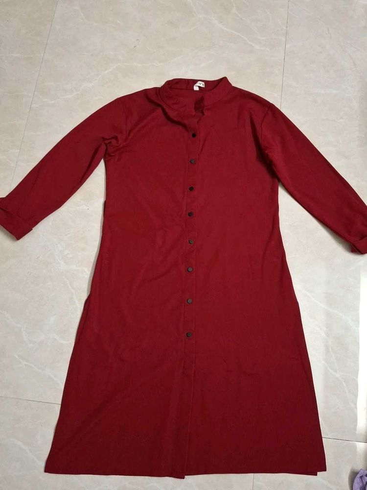 Maroon Button-Down Shirt Dress