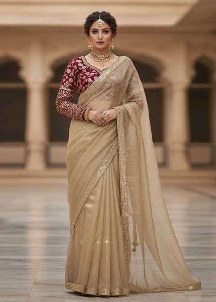 party wear gold crush saree