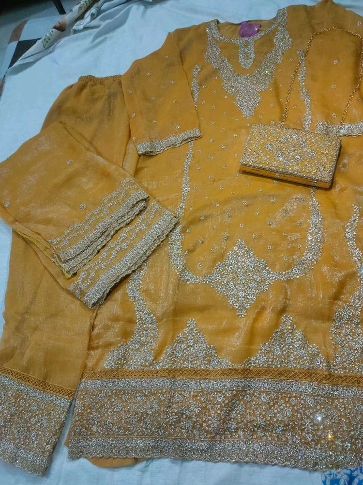 Elegant Ethnic Stitched Suit Set With Hand Purse