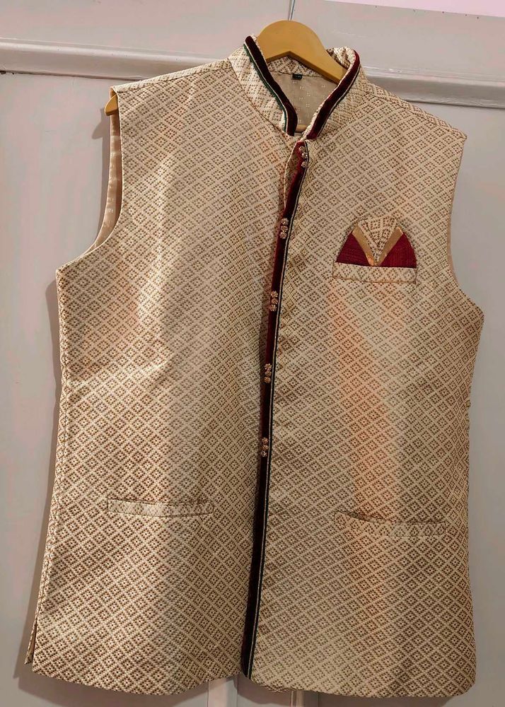 Gold Sleeveless Jacket With Rad Kurta &amp; Pajama