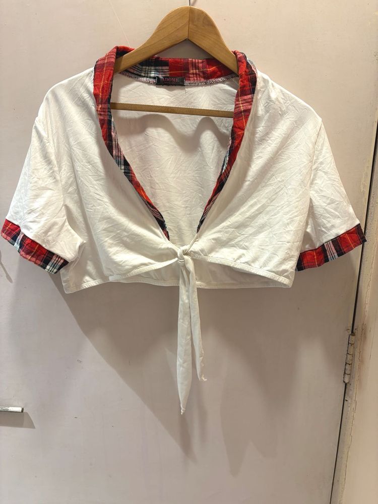 Tie-Front Plaid Trim Top