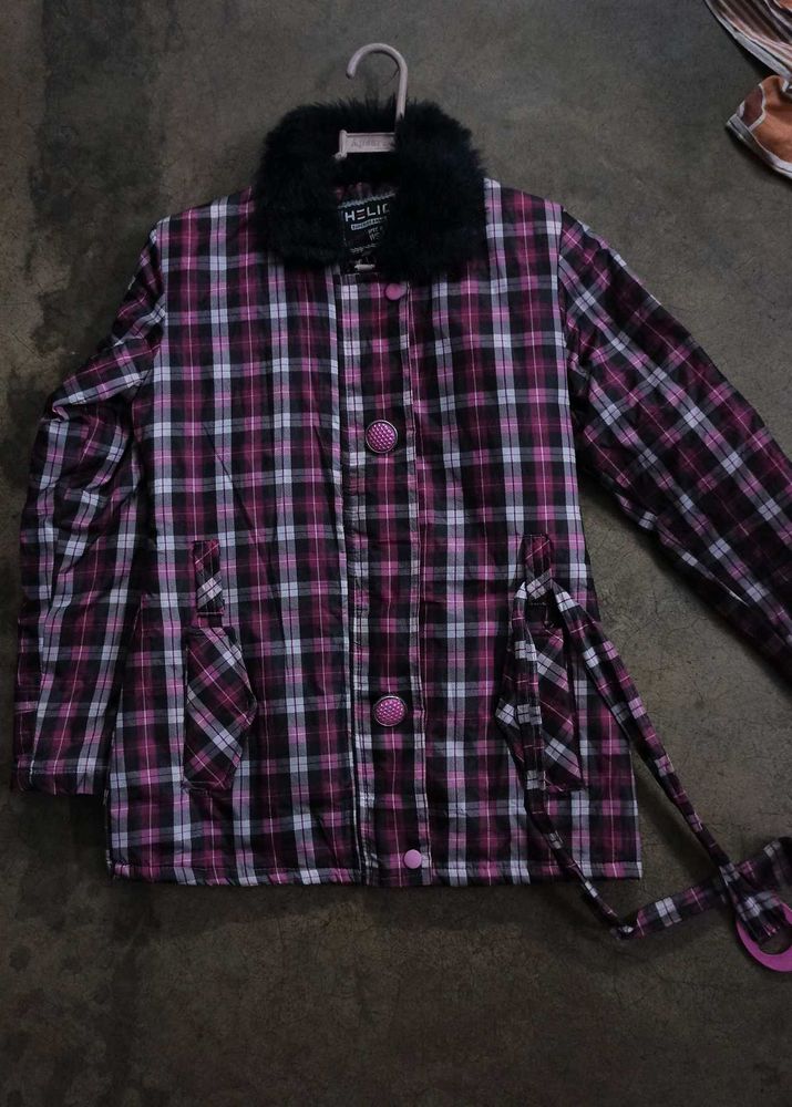 Plaid Jacket with Faux Fur Collar