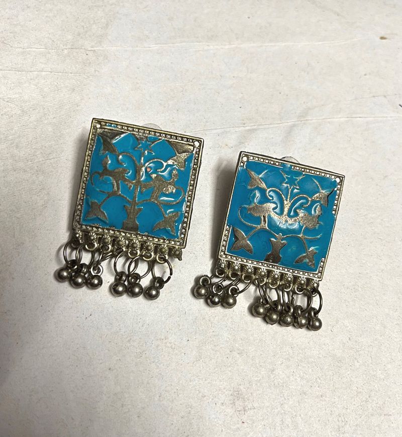 Blue Square Dangle Earrings