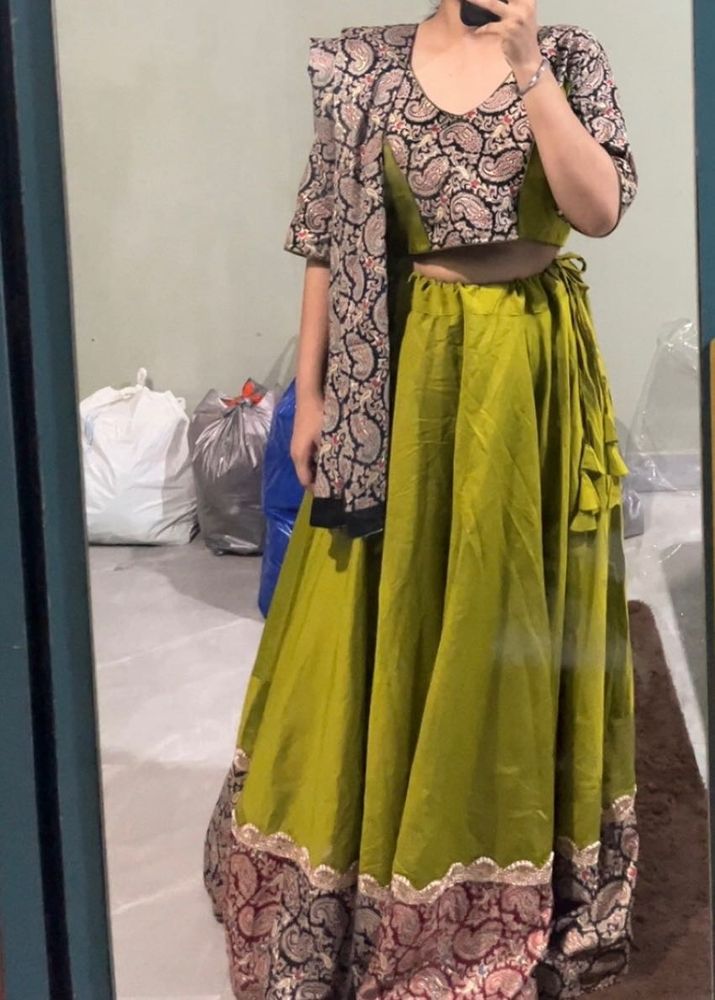 Olive Green Lehenga Set with Printed Blouse