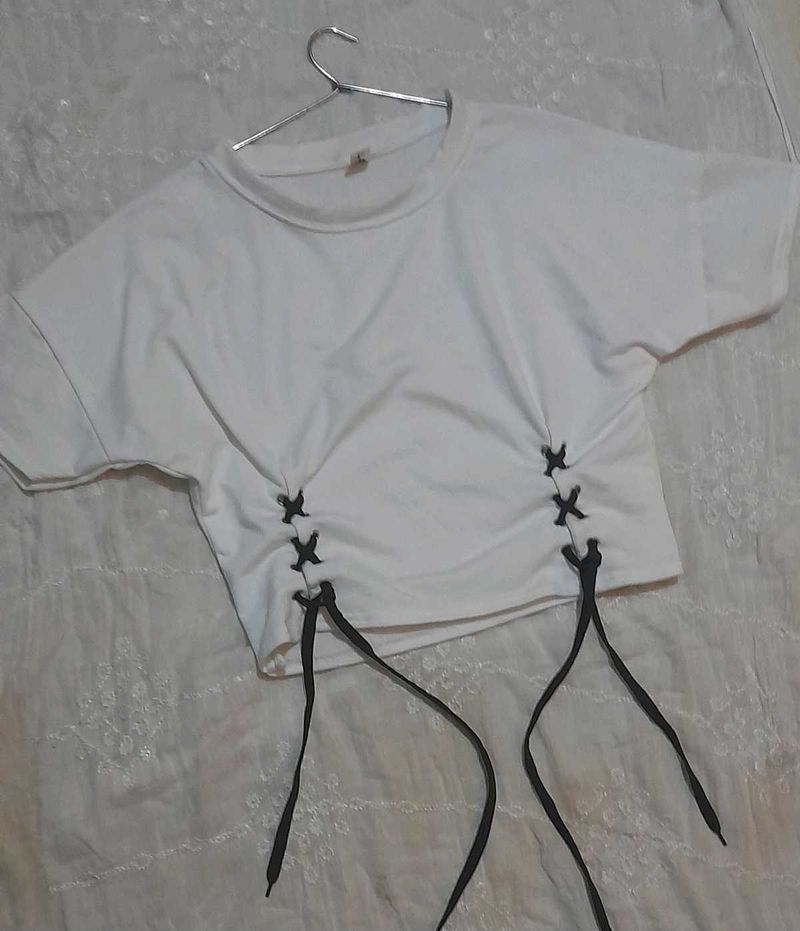 White Lace-Up Crop Top