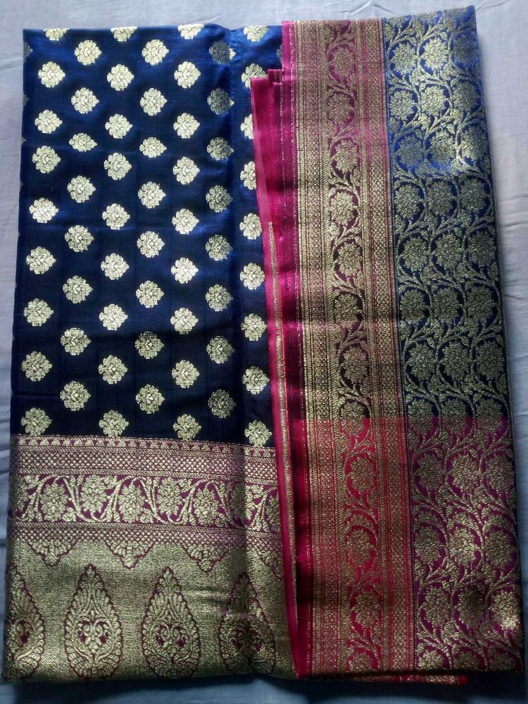 Blue &amp; Pink Pure Katan Benarasi Saree