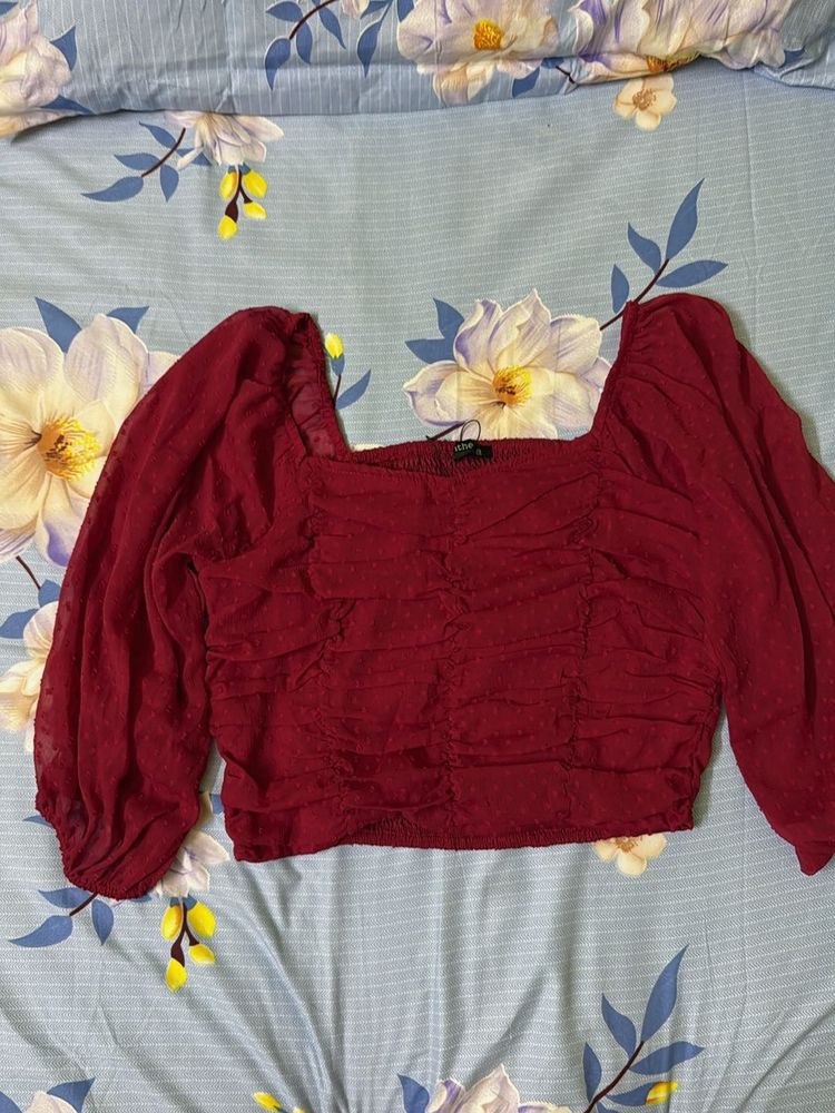 Maroon Mix Red Off shoulder Mesh Top