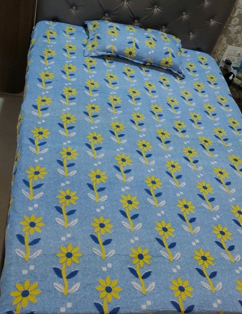 Single Bedsheet With One Pillow Cover (Colors- Blue) Design- Flowers.