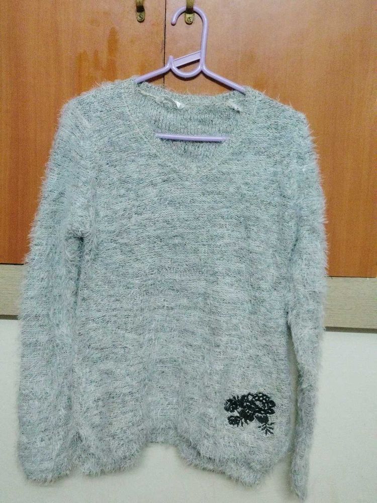 Fluffy Knit Sweater with Floral Detail
