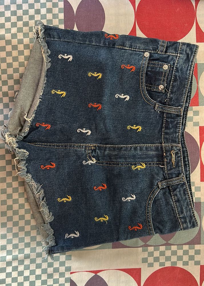 Denim Shorts with Seahorse Embroidery