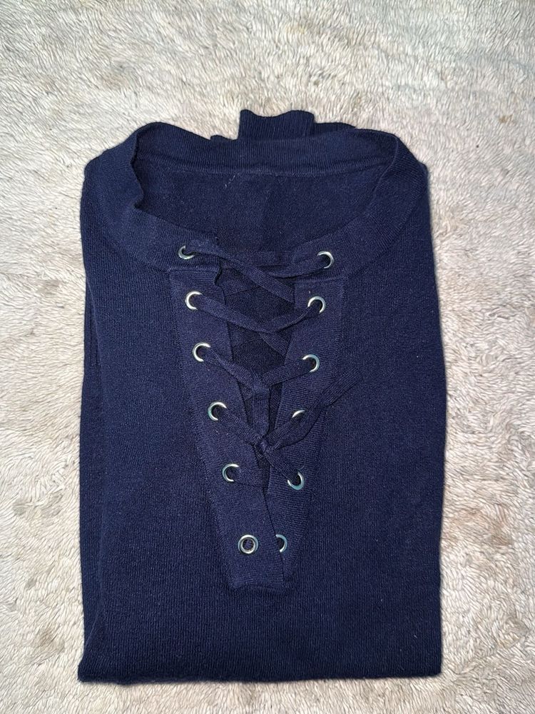 Navy Lace-Up Sweater