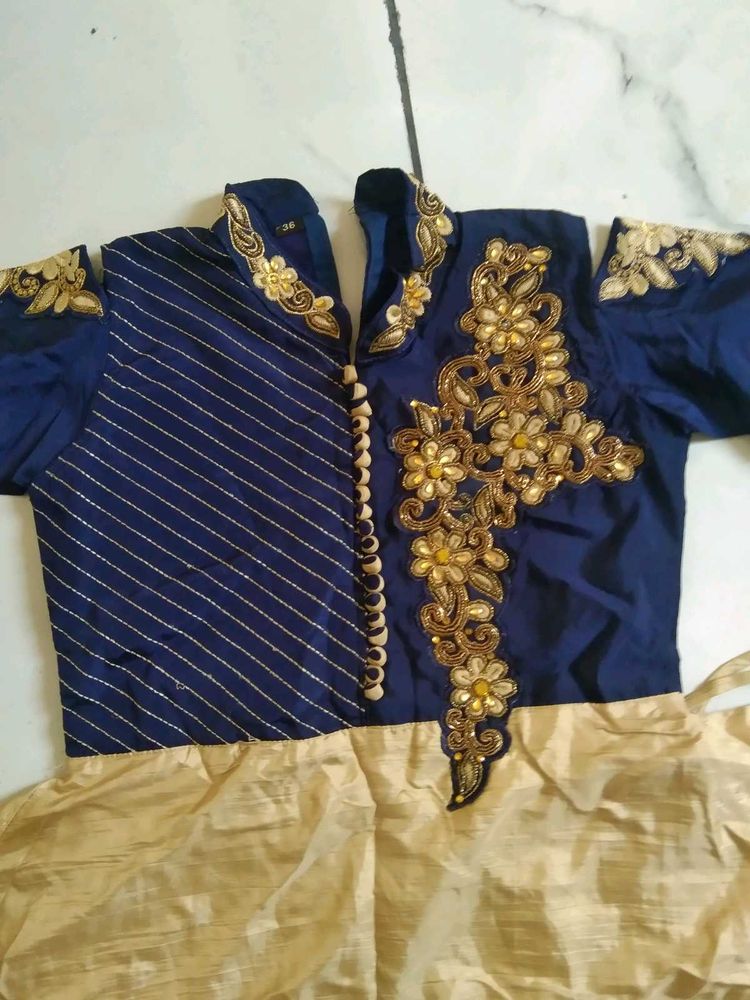 Elegant Blue &amp; Gold Embellished Dress