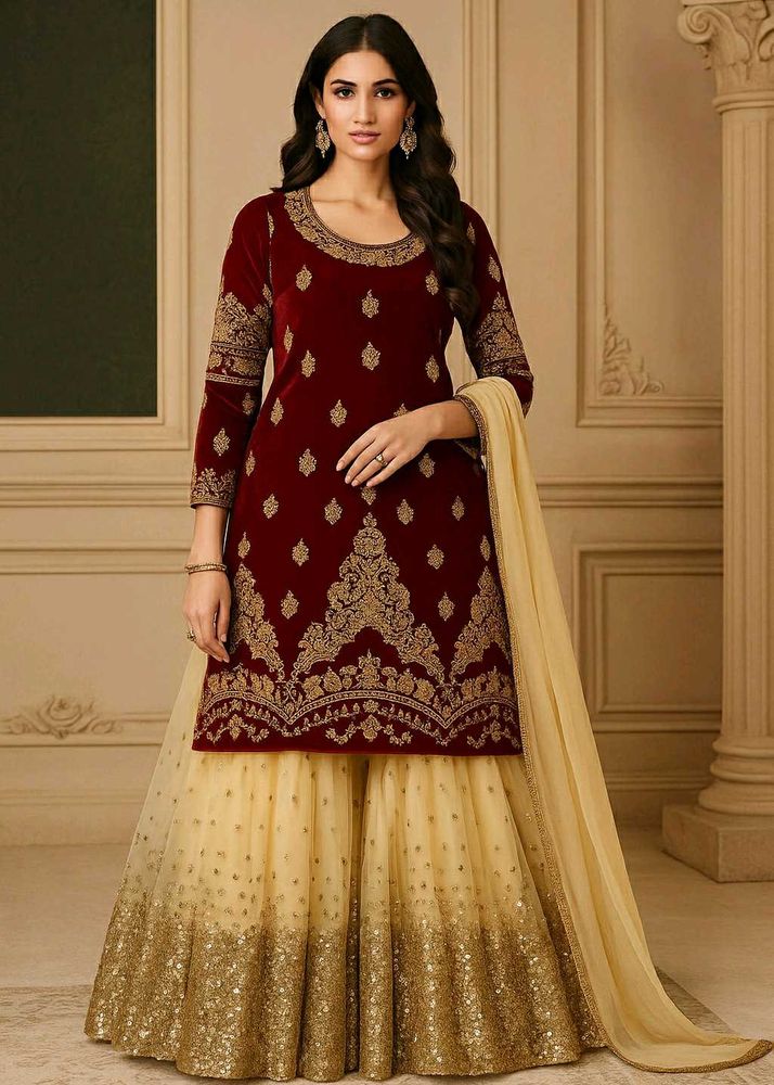 Elegant Red &amp; Gold Sharara Suit