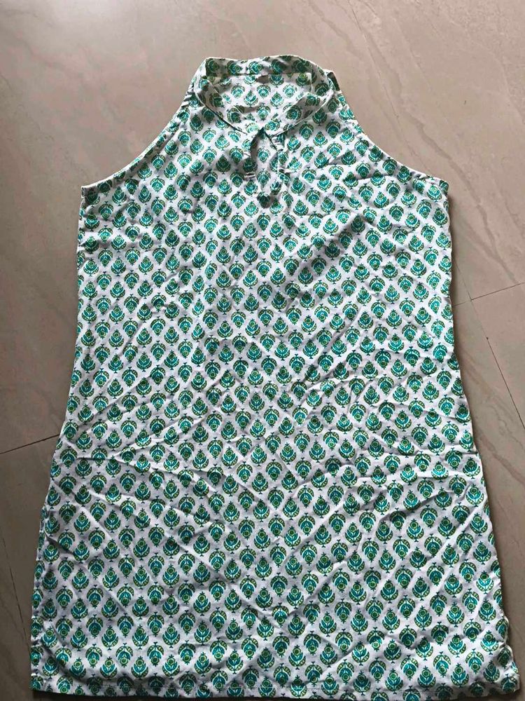 Green &amp; White Printed Short Kurti