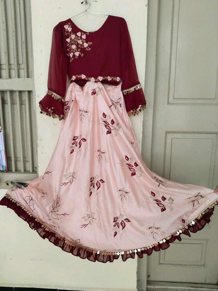 Elegant Maroon &amp; Pink Floral Dress 10/10