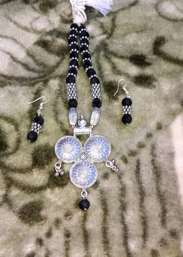 Oxidises Silver Black Thread Necklace Set