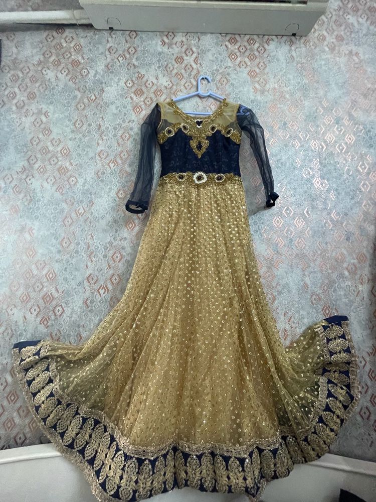Elegant Gold &amp; Navy Anarkali Gown